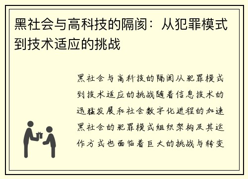 黑社会与高科技的隔阂：从犯罪模式到技术适应的挑战