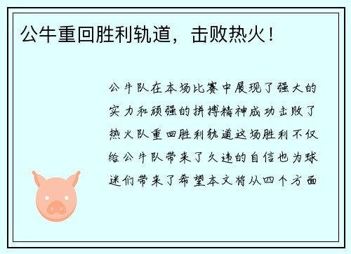 公牛重回胜利轨道，击败热火！
