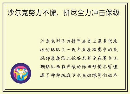 沙尔克努力不懈，拼尽全力冲击保级