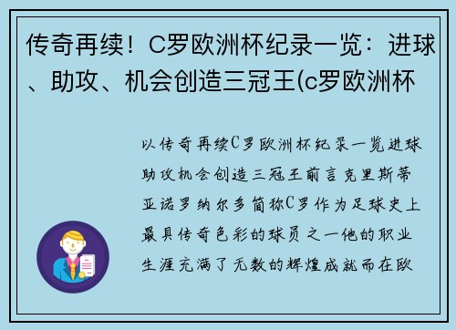 传奇再续！C罗欧洲杯纪录一览：进球、助攻、机会创造三冠王(c罗欧洲杯赛场创纪录)