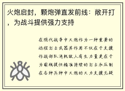 火炮启封，颗炮弹直发前线：敞开打，为战斗提供强力支持