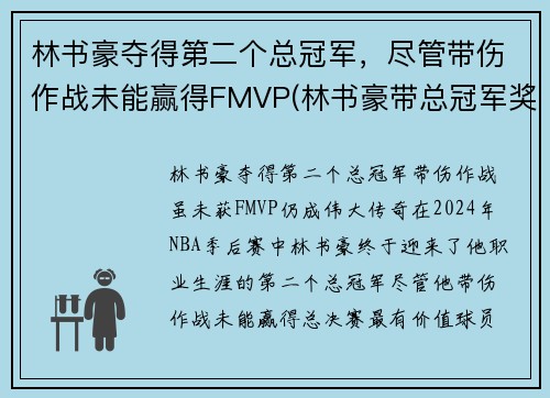 林书豪夺得第二个总冠军，尽管带伤作战未能赢得FMVP(林书豪带总冠军奖杯来中国)