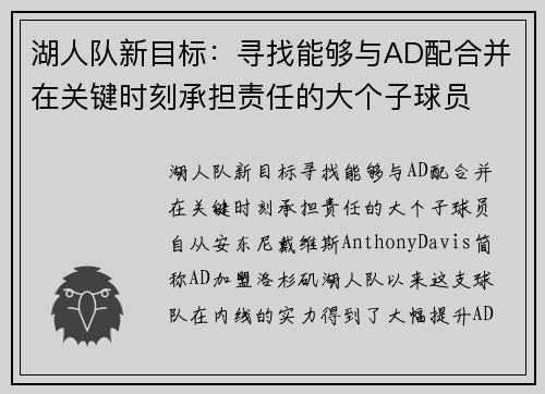 湖人队新目标：寻找能够与AD配合并在关键时刻承担责任的大个子球员