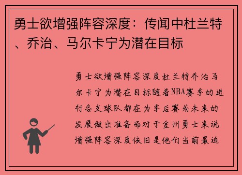 勇士欲增强阵容深度：传闻中杜兰特、乔治、马尔卡宁为潜在目标
