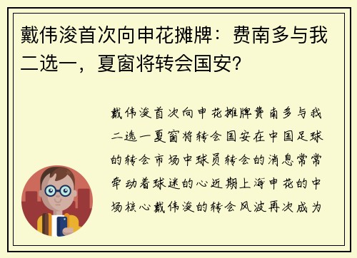 戴伟浚首次向申花摊牌：费南多与我二选一，夏窗将转会国安？